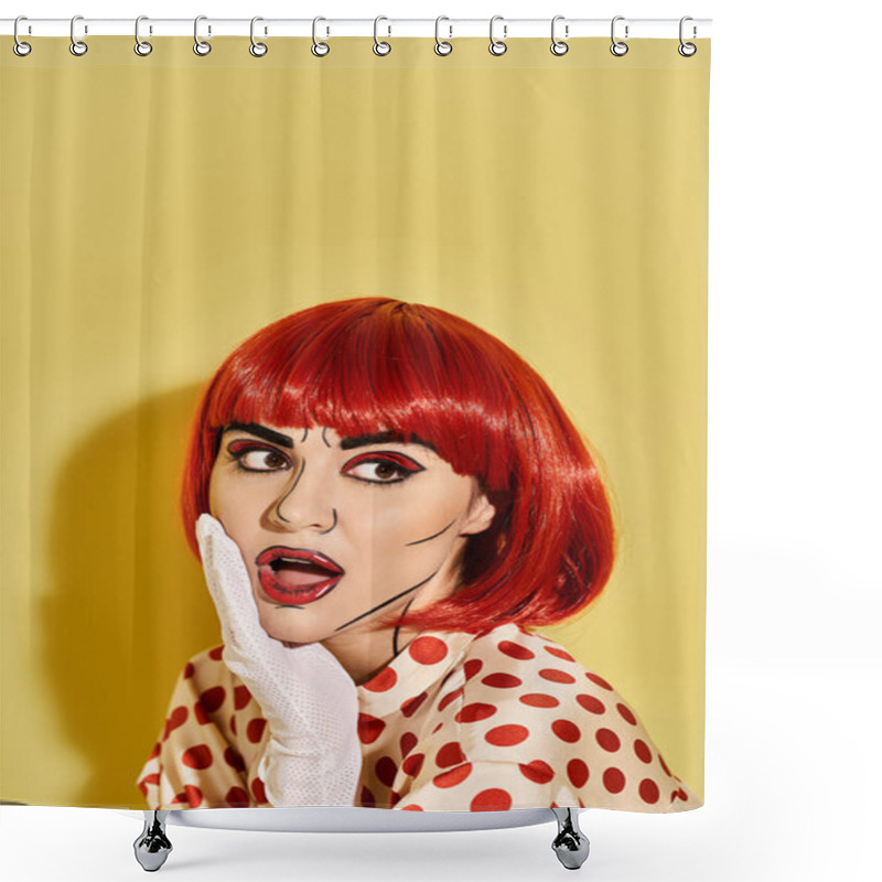 Personality  A Pretty Woman With Red Hair And Pop Art Makeup Wears A Polka Dot Dress Against A Yellow Background. Shower Curtains