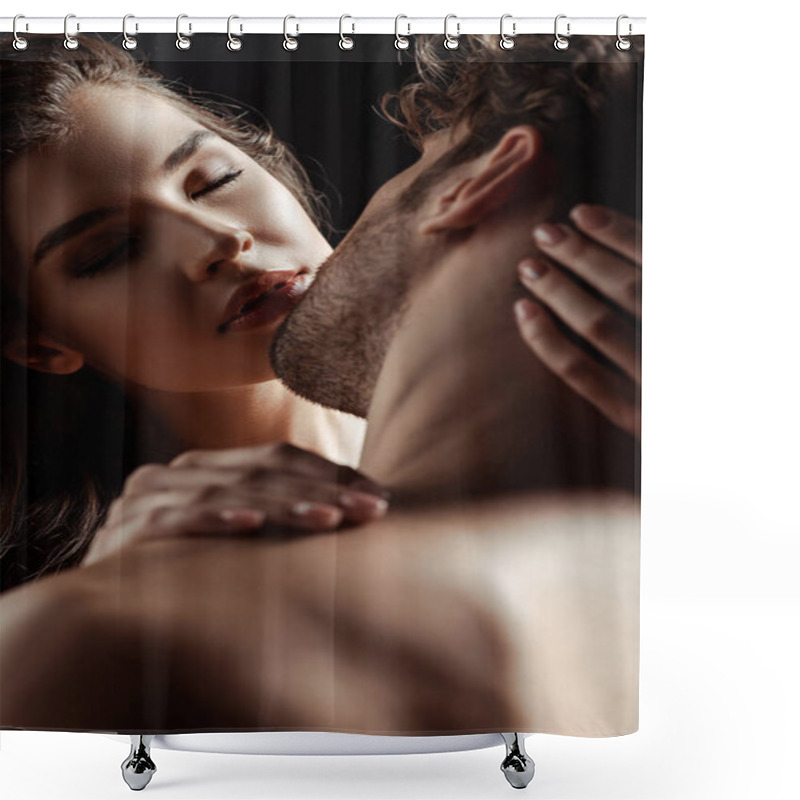 Personality  Selective Focus Of Beautiful Woman Kissing Shirtless Man Isolated On Black  Shower Curtains