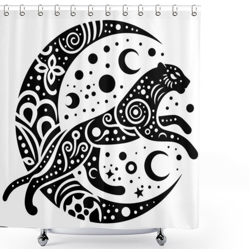 Personality  Discover A Captivating Black And White Tribal Style Illustration Of A Leaping Leopard Adorned With Intricate Celestial Patterns. Perfect For Lovers Of Wildlife, Mysticism, And Unique Tribal Art. This High Contrast Design Features Detailed Elements Li Shower Curtains