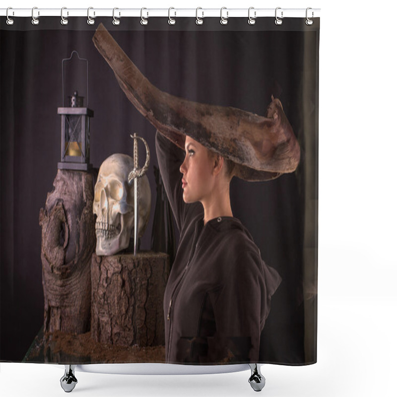 Personality  Magical Scene With Woman In Black Dress, Skull And Lamp Shower Curtains