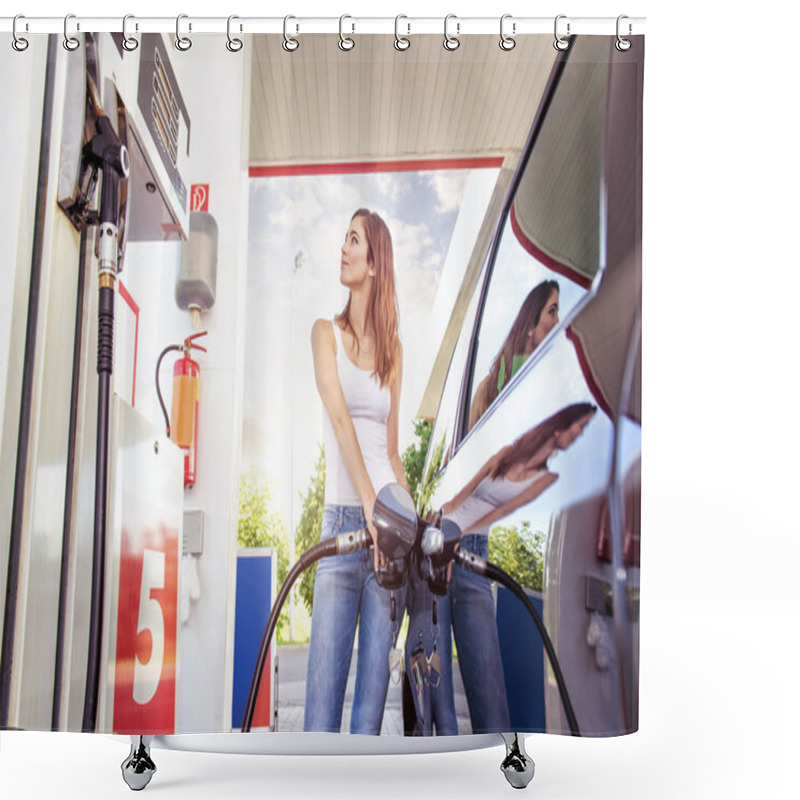 Personality  Woman Refuel The Car Shower Curtains