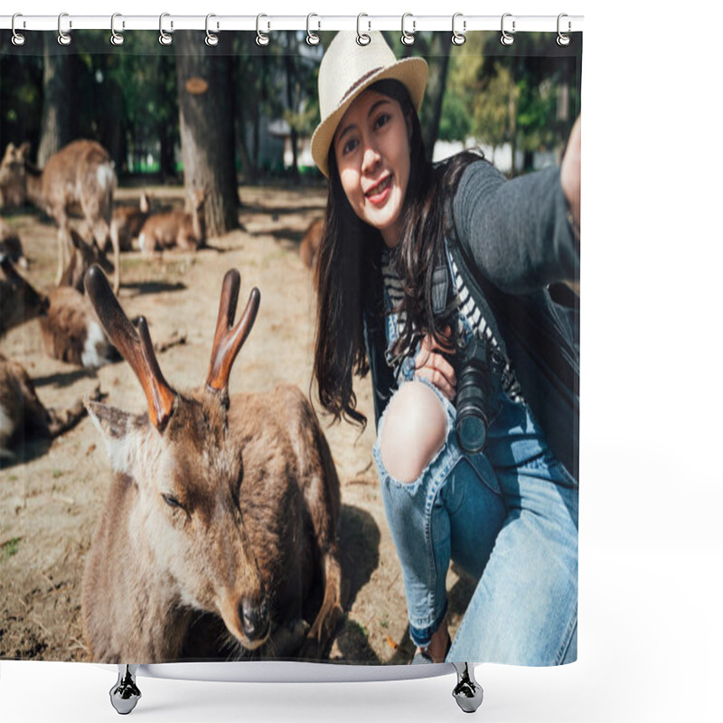 Personality  Young Aisan Woman In Straw Hat Taking Selfie With Sleeping Deer In Nara Park Japan. Wild Sika Are Considered A Natural Monument. Girl Traveler Make Self Portrait Photo In Tourism Jp In Summer. Shower Curtains