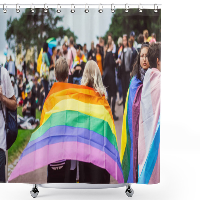 Personality  Helsinki, Finland - June 30, 2018: Two Girls With Rainbow Flag  In Kaivopuisto Garden On Helsinki Pride Festival Shower Curtains