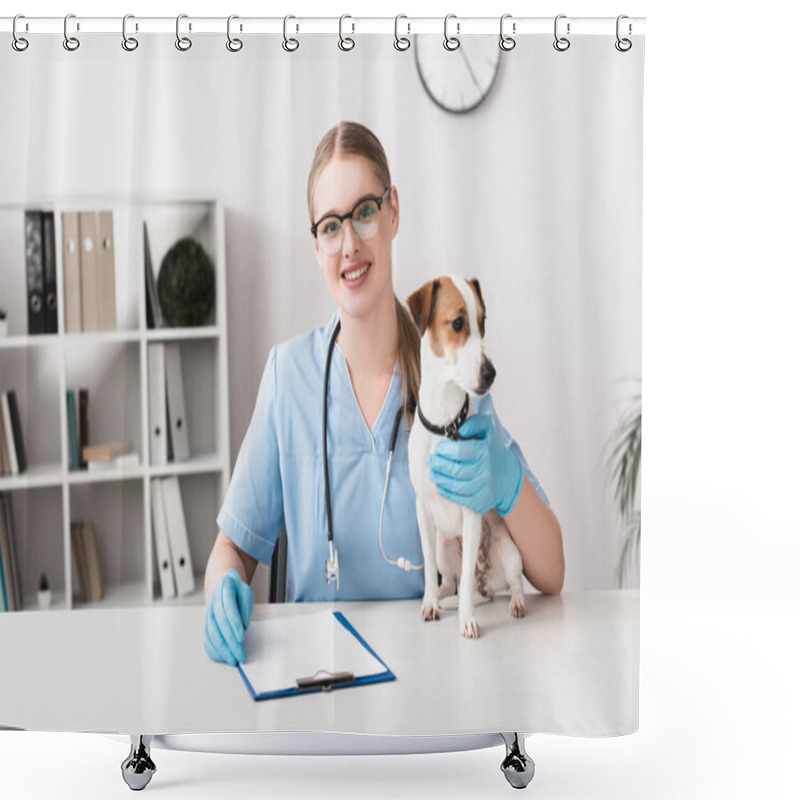 Personality  Happy Veterinarian In Blue Latex Gloves Looking At Camera Near Jack Russell Terrier On Table Shower Curtains