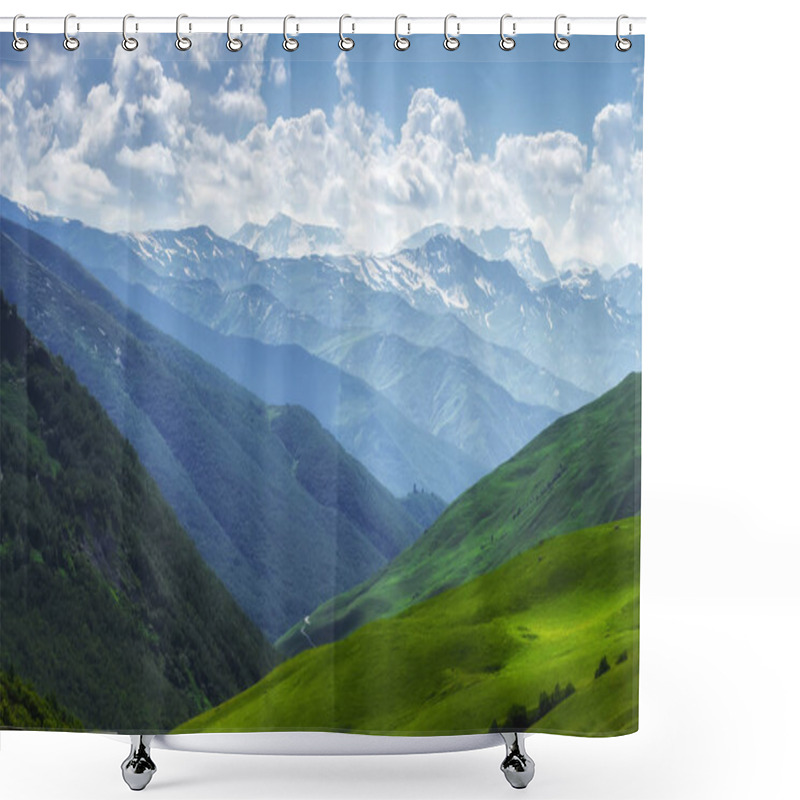 Personality  Mountains Nature Landscape On Sunny Summer Day. Mountains Ranges In Svaneti, Georgia. Scenery Hills And Mountain. Amazing Mountain Range. Alpine. Green Meadow Covered By Grass In Highlands Shower Curtains