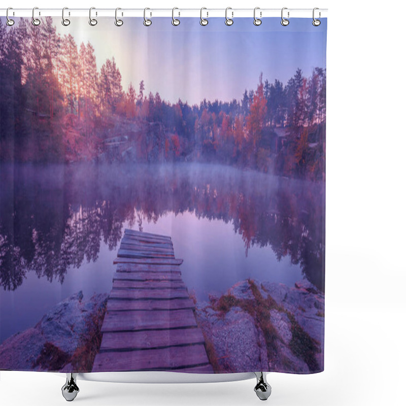 Personality  Magical Sunrise Over The Lake. Pine Trees On The Lakeshore. Serene Lake In The Early Morning. Nature Landscape Shower Curtains