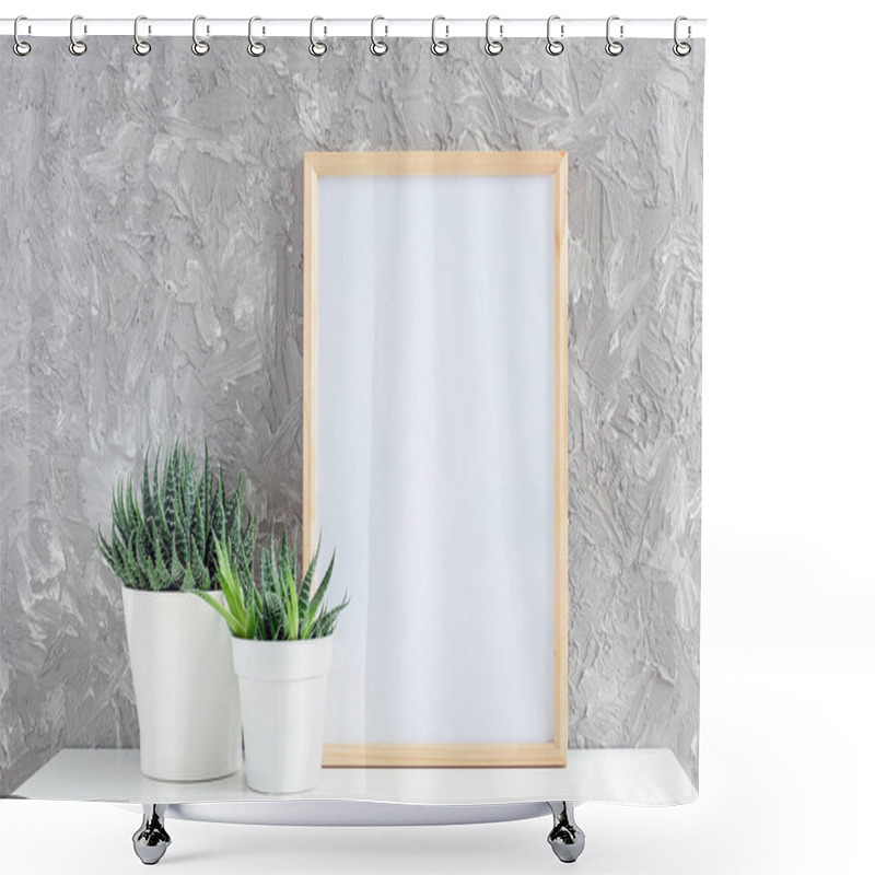 Personality  Wooden Vertical White Empty Frame And Two Natural Succulents Flowers In White Pots On Table On Gray Concrete Wall Background. Mockup Template For Your Design Shower Curtains