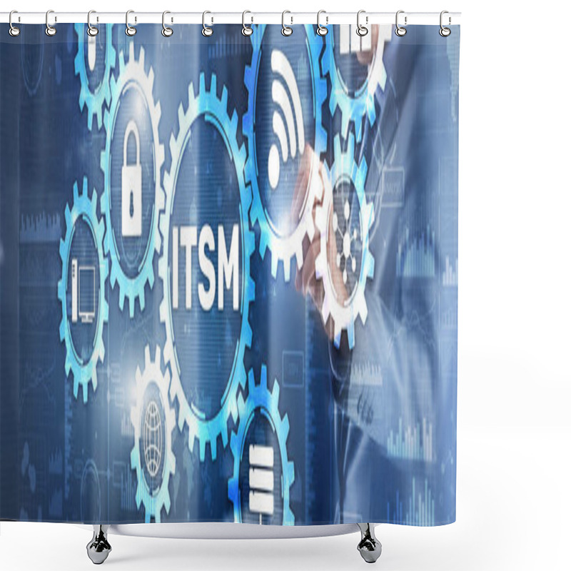 Personality  ITSM. Businessman Pressing Virtual Screen IT Service Management. Concept For Information Technology Service Management Shower Curtains