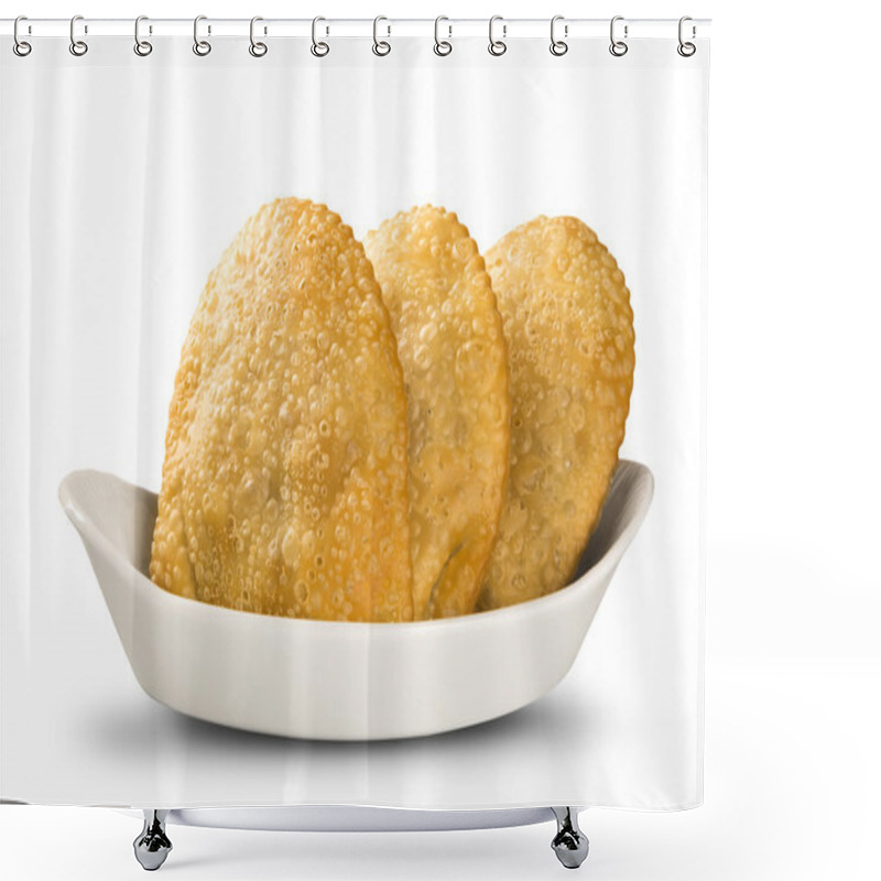 Personality  Deep Fried Stuffed Pastry. Brazilian Food Pasteis On The Backgro Shower Curtains