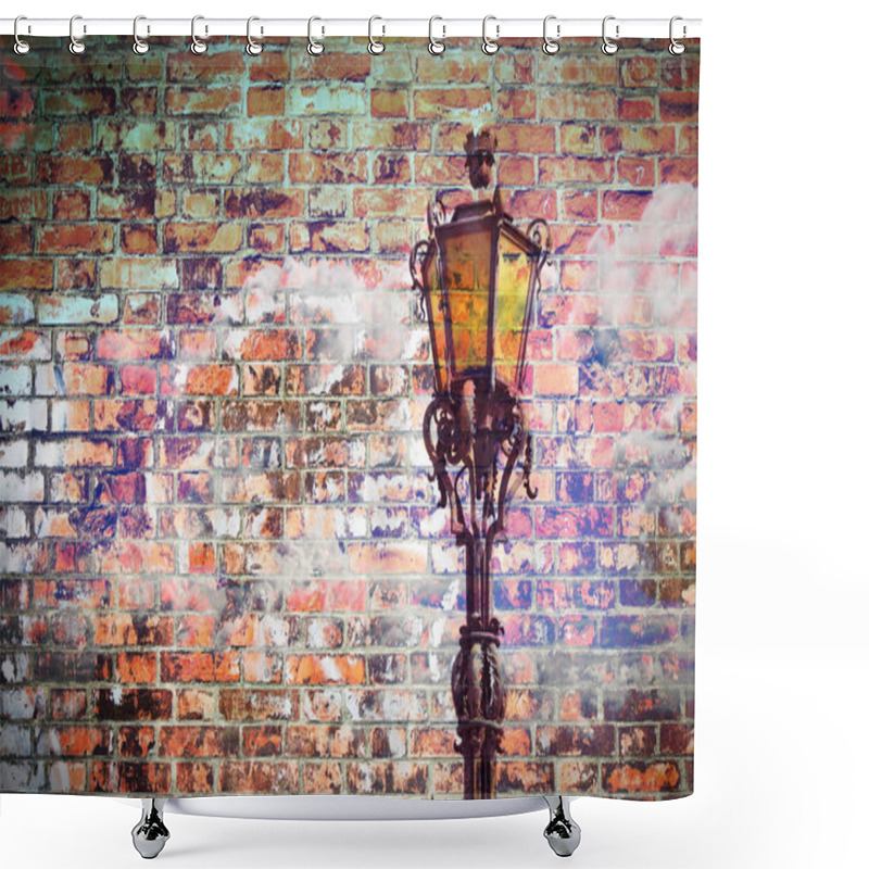 Personality  Classic Portuguese Streetlight - Concept Image Against A A Brick Shower Curtains