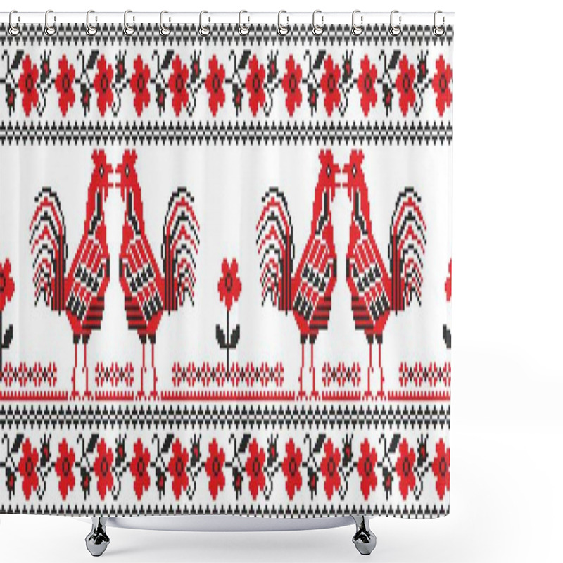 Personality  Vector Seamless Ukrainian National Pattern. Slavic Embroidery With Roosters And Flowers. Border, Border, Frame Shower Curtains