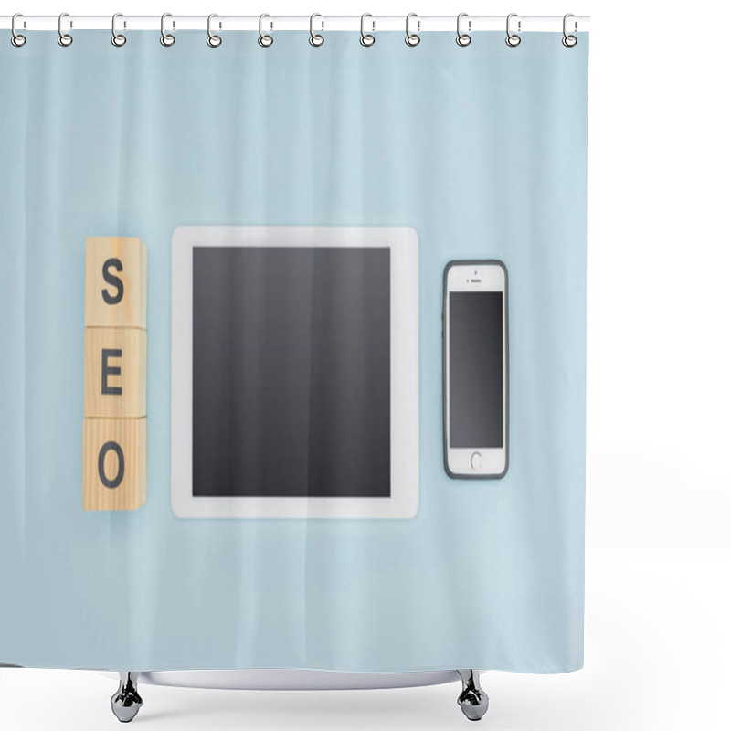 Personality  Top View Of Gadgets With Blank Screens On Light Blue Background Shower Curtains