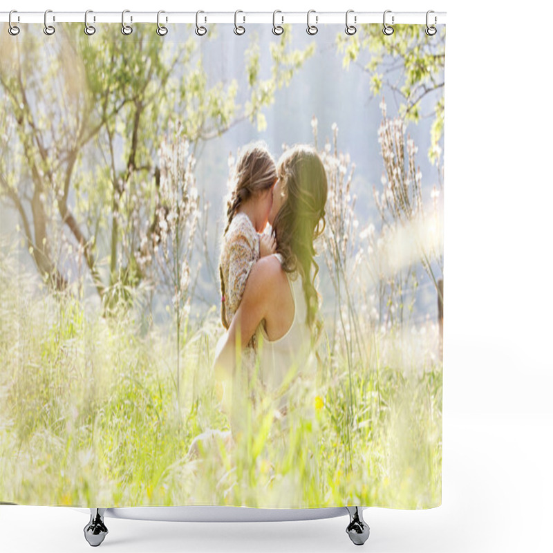 Personality  Mother And Daughter Hugging In A Spring Field Shower Curtains