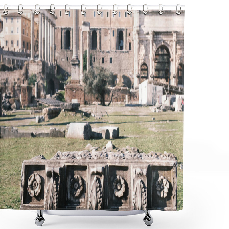 Personality  In The Foreground, A Beautifully Carved Stone Relic Rests Before The Sprawling Ruins Of The Roman Forum, A Narrative In Stone Of Rome's Glorious Past That Still Whispers Stories Of Ancient Times To The Present-day Observer. Shower Curtains