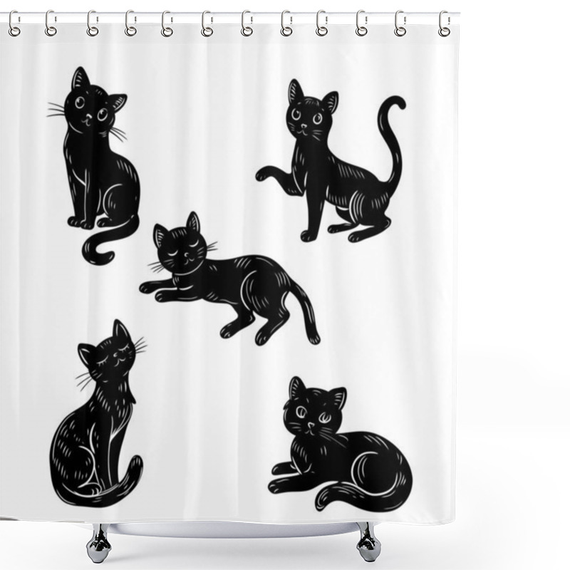 Personality  Cartoon Funny Black Cats. Black Cats In Various Poses On A White Background. Shower Curtains