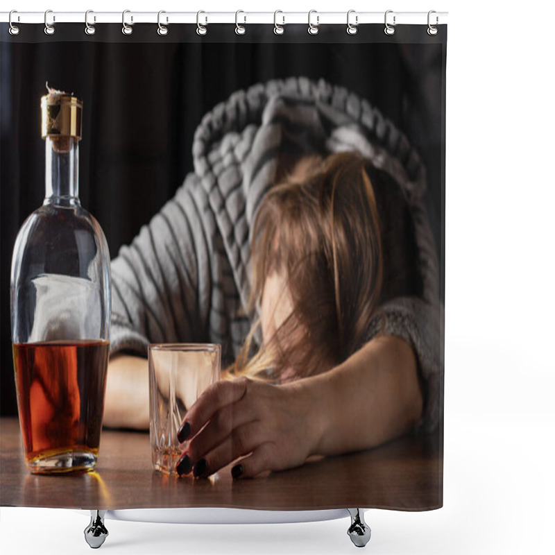 Personality  Drunk Intoxicated Woman Sleeping Near Whiskey Glass, Female Heavy Drinker Alcoholic Passed Out Lying Asleep After Booze, Alcoholism Problem, Alcohol Addiction Concept. Shower Curtains