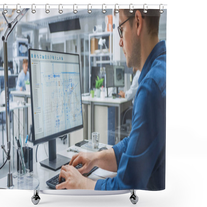 Personality  Over The Shoulder Shot Of Engineer Working With CAD Software On Desktop Computer, Screen Shows Technical Drafts And Drawings. In The Background Engineering Facility Specialising On Industrial Design Shower Curtains