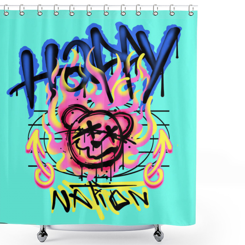 Personality  Teddy Bear Head Spray Paint Style With Graphic Elements And Custom Typographic Slogan Style Shower Curtains