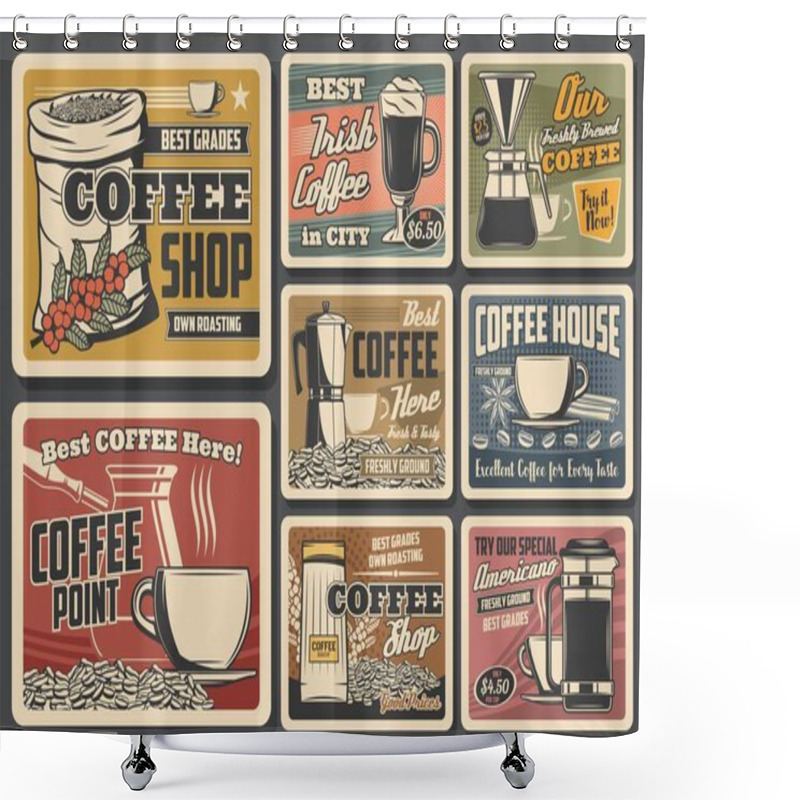 Personality  Coffeebeans, Cups And Drinks Vector Posters. Cafe, Coffee Shop Cups, Sack With Roasted Beans, Irish And Cezva, Americano And Latte Beverages. Mugs With Hot Drinks, Percolator And Filter, Vintage Cards Shower Curtains