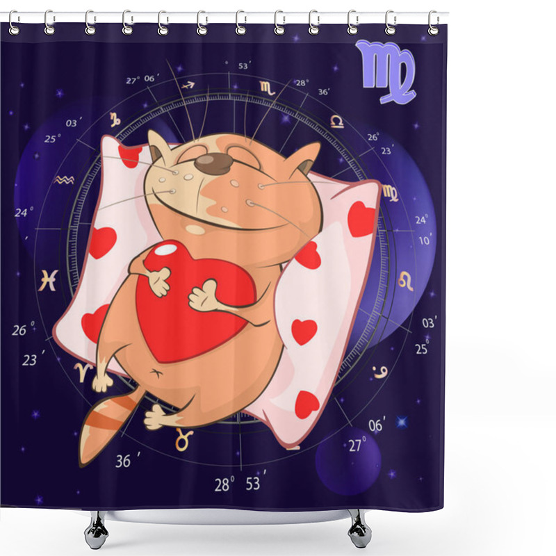 Personality  Cute Cartoon Cat Sleeping On Pillow And Holding Red Heart Over Horoscope Background, Vector Illustration Shower Curtains