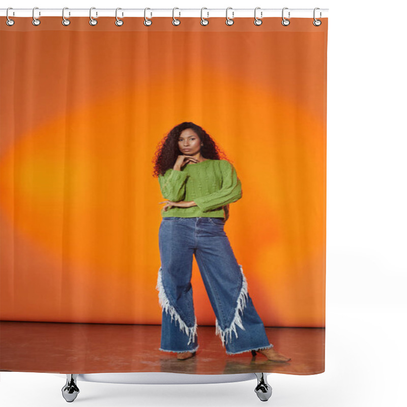 Personality  A Stunning Woman Displays Her Style And Confidence Against A Bright Orange Background. Shower Curtains