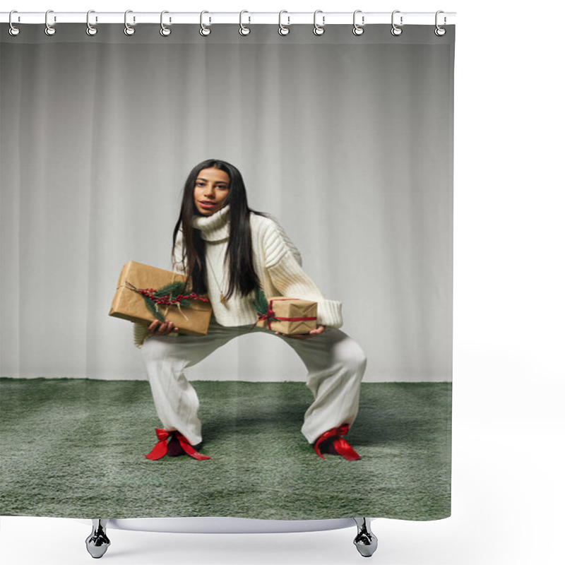 Personality  She Balances Elegantly In A Playful Pose While Holding Beautifully Wrapped Presents. Shower Curtains