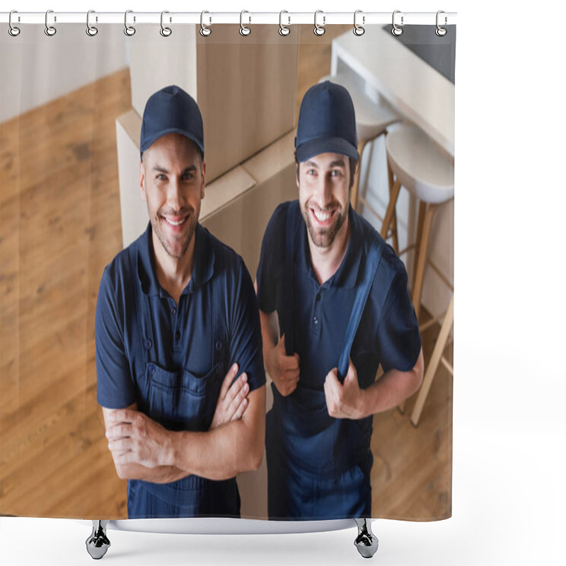 Personality  High Angle View Of Joyful Movers Smiling At Camera Near Carton Boxes Shower Curtains