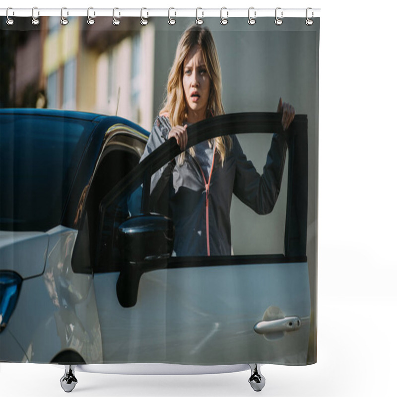 Personality  Scared Young Woman Opening Car Door And Looking Away After Traffic Collision Shower Curtains