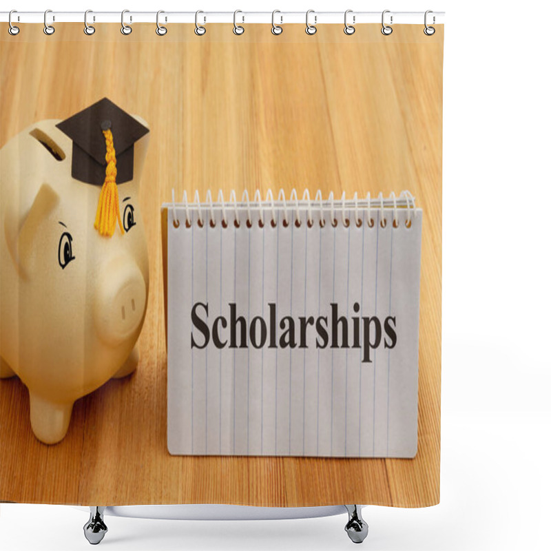 Personality  Scholarships Message With Gold Piggy Bank With A Grad Cap On Wood Desk For Your Money Or Saving For School Shower Curtains