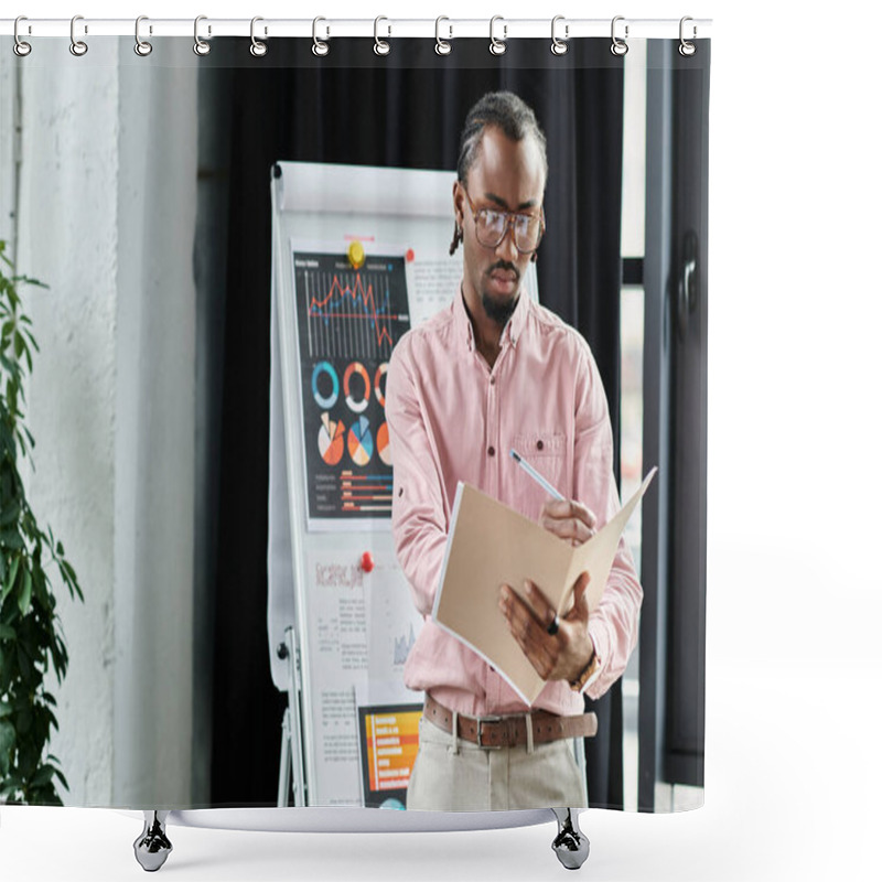 Personality  Focused Professional Takes Notes In A Stylish Workspace Filled With Vibrant Charts And Graphs. Shower Curtains