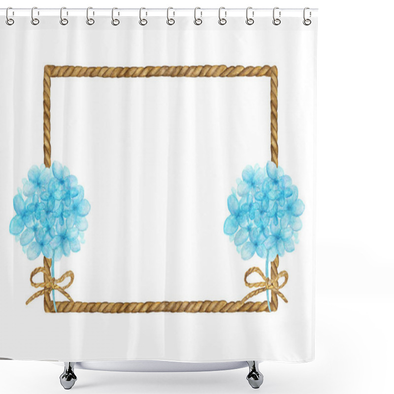 Personality  Watercolor Painting Of Brown Rope Frame With Bouquet Of Blue Flowers On White Background. Shower Curtains