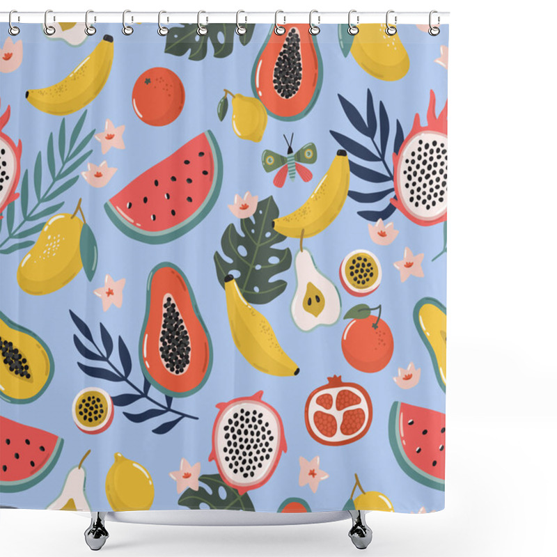 Personality  Tropical Seamless Pattern With Exotic Fruits, Palm Tree Branches And Flowers. Beautiful Summer Background. Hand Drawn Vector Illustration. Colorful Endless Texture For Wrapping, Textile, Fabric Design. Shower Curtains