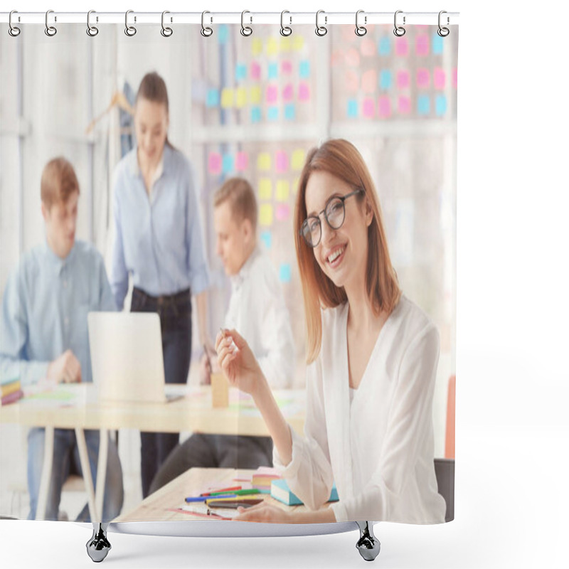 Personality  Beautiful Young Woman Working In Office Shower Curtains