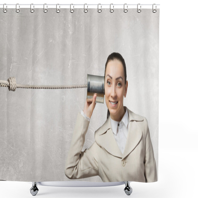 Personality  Woman Using Deaf Phone . Mixed Media Shower Curtains