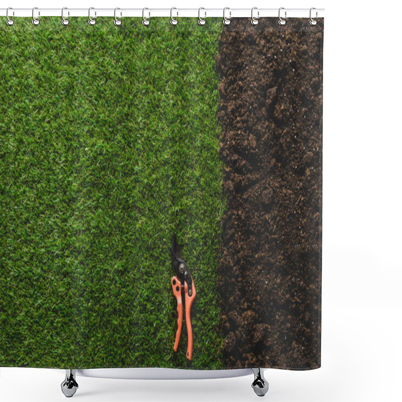 Personality  Top View Of Green Lawn And Soil With Secateurs Shower Curtains