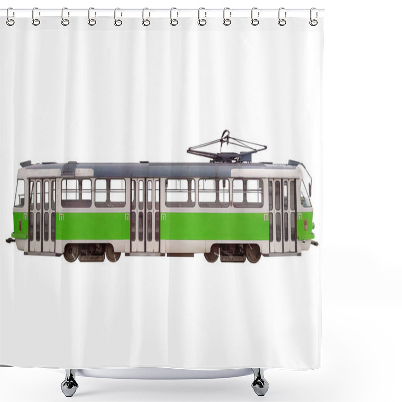 Personality  Green Tram Isolated On White. Shower Curtains