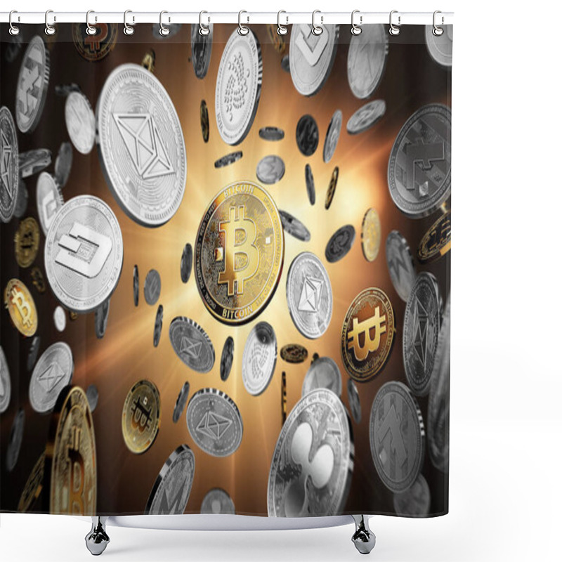 Personality  Flying Altcoins With Bitcoin In The Center As The Leader. Bitcoin As Most Important Cryptocurrency Concept. 3D Illustration Shower Curtains