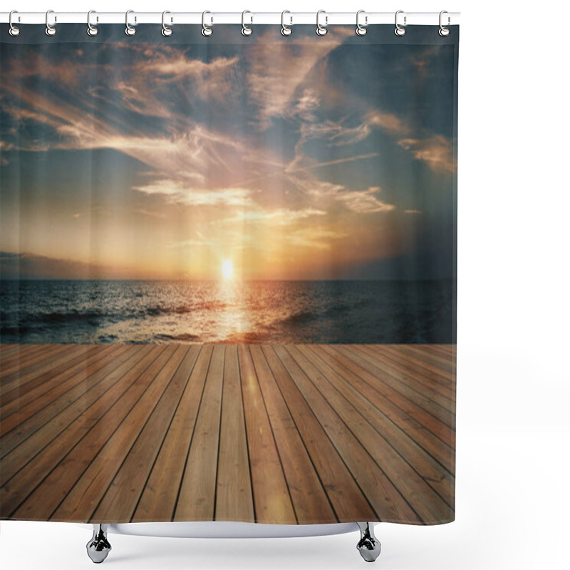 Personality  Empty Wooden Deck And Beautiful Sunset On The Sea  Shower Curtains