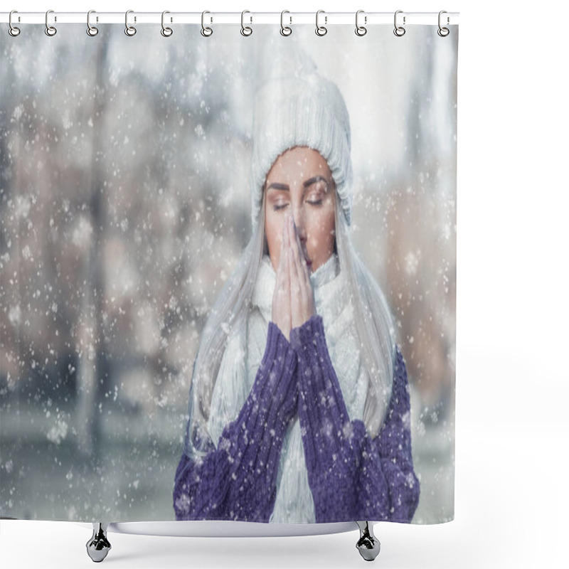 Personality  Young Woman Warming Her Hands, Wearing Warm Clothing On Snowing Winter Day Outdoors. Cute Girl Feeling Cold.Copy Space For Text. Winter Concept. Shower Curtains