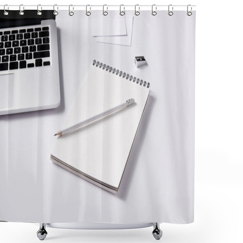 Personality  Close-up Shot Of Notebook And Pencil At Workplace On White Surface Shower Curtains