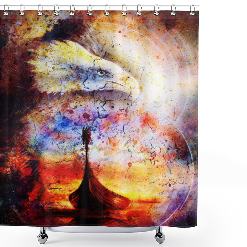 Personality  Historic Wooden Boat And Eagle, Painting Collage. Shower Curtains