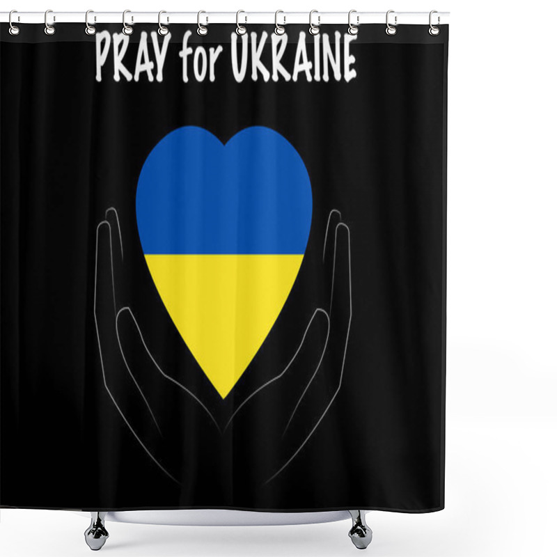 Personality  Illustration Of Ukrainian Flag Near Hands And Pray For Ukraine Lettering Isolated On Black  Shower Curtains