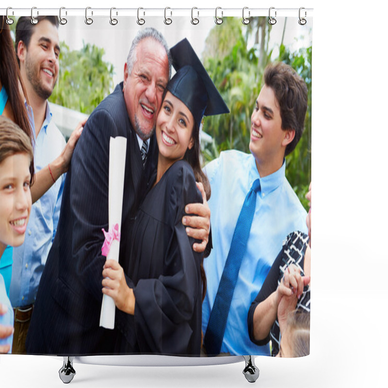 Personality  Student And Parents Celebrate Graduation Shower Curtains