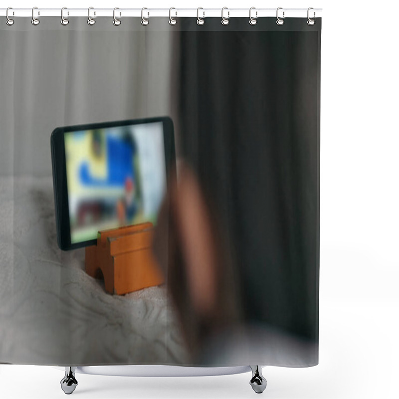 Personality  Selective Focus Of Child Watching Cartoon On Smartphone While Lying On Bed Shower Curtains