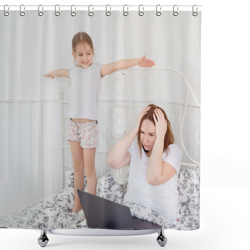 Personality  Little Girl Interferes To Work Mom At Home. Shower Curtains