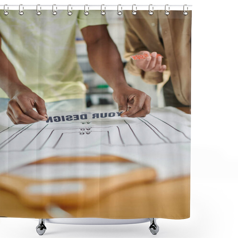 Personality  Cropped View Of Interracial Fashion Designers Holding Text Templates Near T-shirt With Format Sizes Shower Curtains