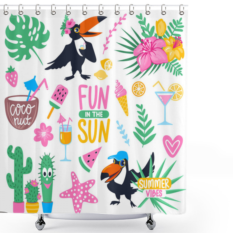 Personality  Vector Summer Set With Cartoon Toucan, Monstera, Tropical Leaves Shower Curtains