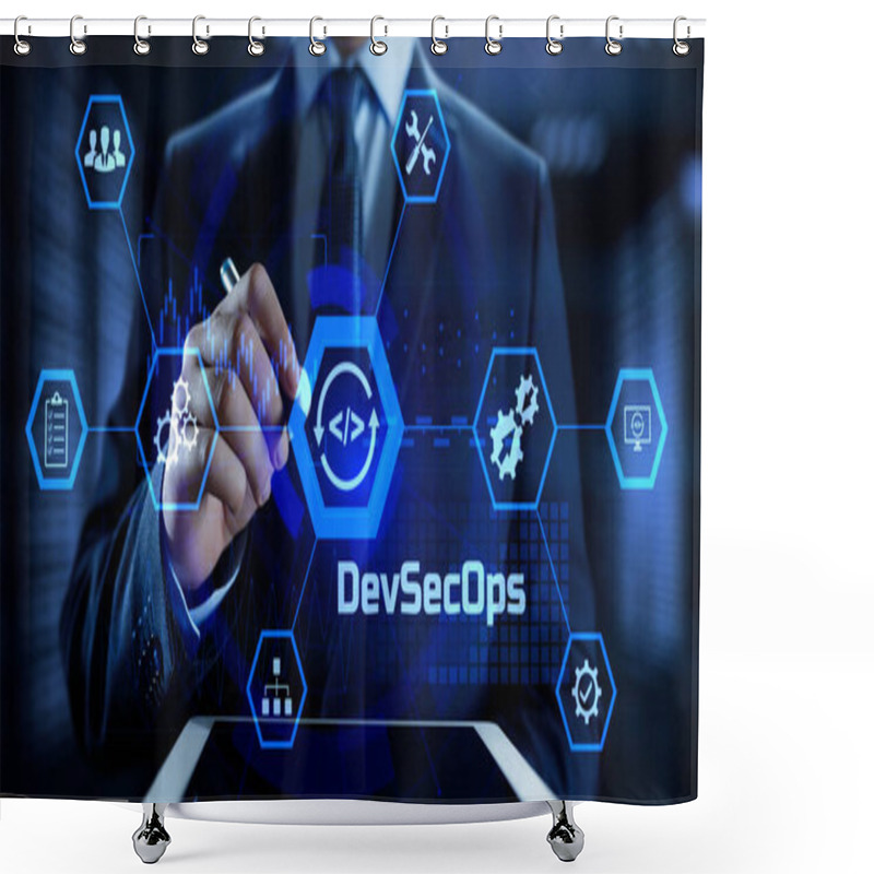 Personality  DevSecOps Software Development Cycle Programming Concept. Businessman Pressing Button. Shower Curtains