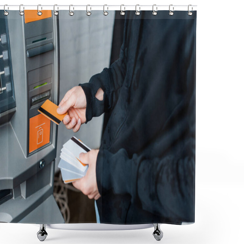 Personality  Cropped View Of Thief Holding Credit Cards Near Automated Teller Machine Shower Curtains