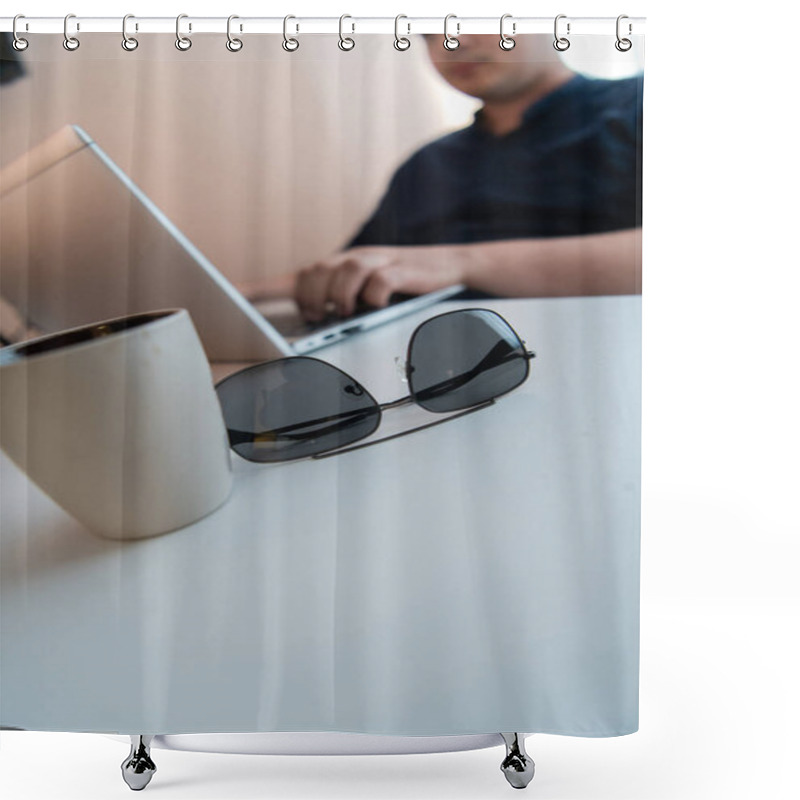 Personality  Close-up Photo Of A Programmer Typing On A Laptop. High Quality Photo Shower Curtains